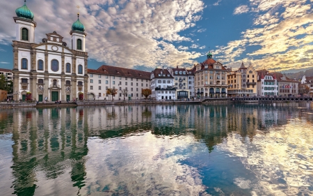 Lucerne, Switzerland - calm, clouds, reflection, church, river, Lucerne, Switzerland, houses, bridge