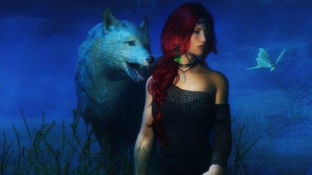 Her Protector - girl, art, wolf, digital