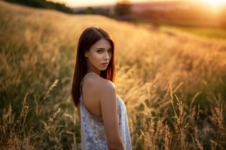 Let's Go - ranch, cowgirls, brunettes, hay field