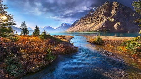 Bow Lake, Banff NP - clouds, canada, alberta, mountains, rocks, sky