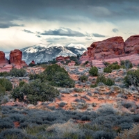 The La Sal mountains peak into Arches National Park