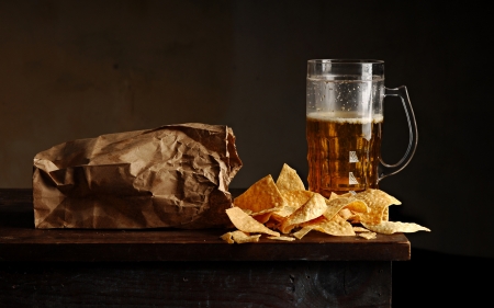 Beer and Chips - beer, chips, food, drink