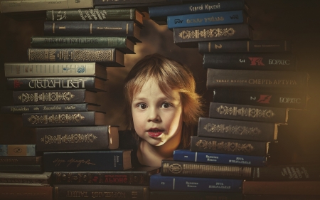 Between Books - books, boy, portrait, child