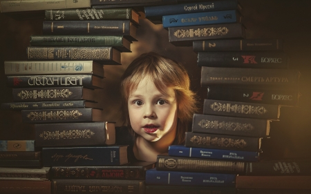 Between Books - portrait, boy, books, child