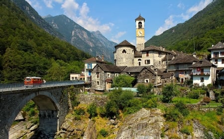 Landscape in Switzerland - Alps, Switzerland, church, mountains, houses, bridge