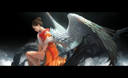 Angel - wings, frumusete, black, art, xiaoyi zhou, angel, girl, orange, fantasy, luminos