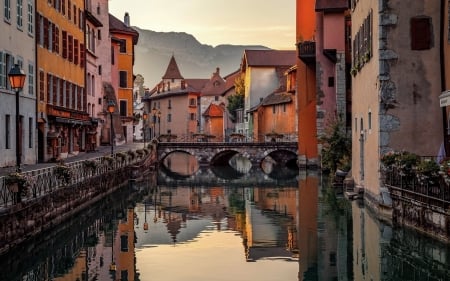 Town - canal, town, houses, bridge