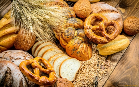 Bread - bread, wooden, grain, spikes, pretzels