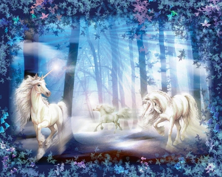 Unicorn in blue Forest - trees, forest, unicorn, blue