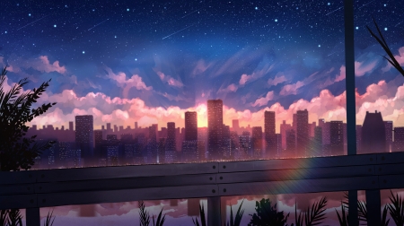 An anime city drawing set at sunset - river, drawing, anime, evening, calming, dusk, city, art