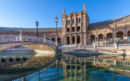 Plaza de Espana, Seville - square, water, Seville, Spain, buildings, bridge