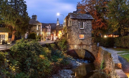 amblside bridge house - bridge, house, lights, river, trees