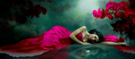 Serenity - resting, art, wallpaper, fuchsia, girl, woman, digital, fantasy, gown