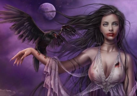 Vampire girl - raven, girl, dark, vampire, frumusete, fantasy, crow, purple, cris ortega, luminos