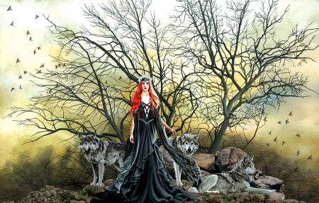 Wolf Maiden - wolves, art, wallpaper, red hair, beautiful, girl, woman, digital, fantasy