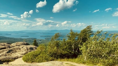 Lake Winnipesaukee in New Hampshire - usa, islands, clouds, hills, water, rocks, sky