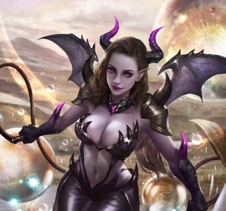 Demoness - bat, demoness, fantasy, wings, han lele, girl, horns