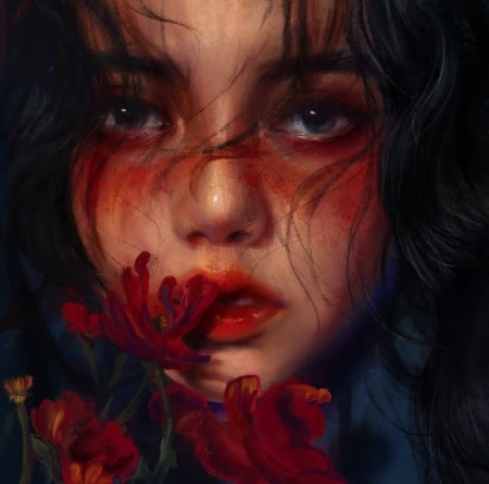 Red - 8moon, poppy, portrait, flower, dark, fantasy, red, face, art, luminos