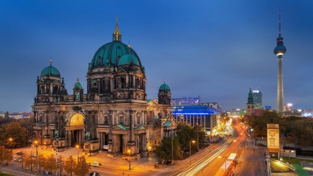 Berlin Cathedral - berlin, building, capitol, cathedral, church, city, cityscape, evening, germany, historical, history, light, majestic, night, religion