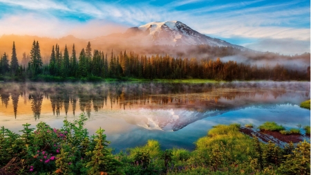 Spring in the mountains - clouds, trees, landscape, plants, lake, sky