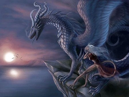 blue dragon - moon, drake, dragon lady, blue, night, ocean, fantasy, blue dragon, sunset, dragon, rocks