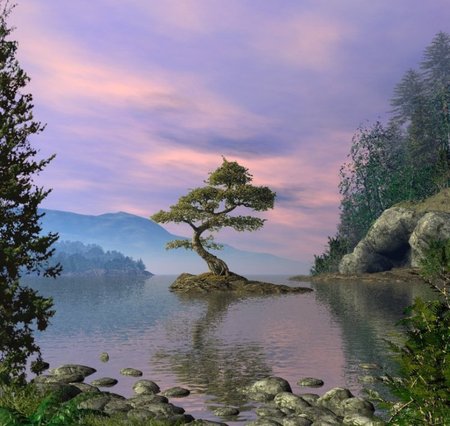 Beauity of Nature - clouds, trees, lake, 3d and cg, mountains, rocks, sky