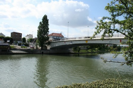 Bridge in France - river, trees, france, building, bridge