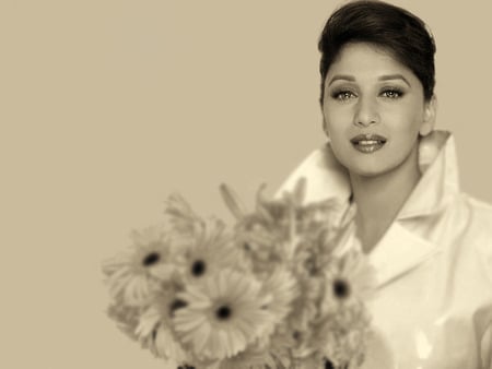 eyes of madhuri - hindi, lady, sepia, eyes, flowers, old, actresse