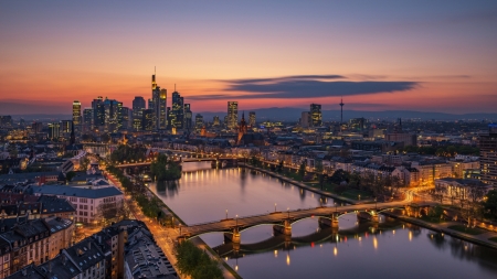 Frankfurt - Sunset, Buildings, Houses, River, Sunrise, City, Water, Skyscraper, Modern, Town, Sky, Germany, Bridge, Frankfurt, Evening, Urban, Old