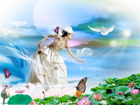 I loved nature - flowers, nature, woman, butterflies, sky