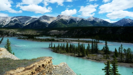 Two O'clock Creek, Central Alberta - clouds, trees, water, canada, landscape, mountains, sky