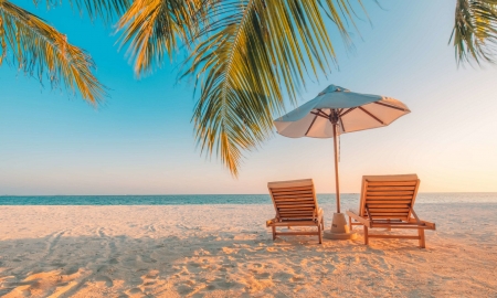 Beach - chairs, plam leaves, sandy, umbrella