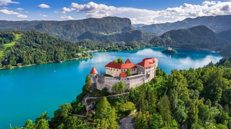 Old Castle over Lake Bled - clouds, trees, slovenia, landscape, mountains, sky