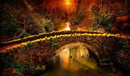 red sunset - river, sunset, forest, bridge