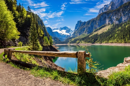 Lake Gosau - hills, summer, beautiful, tranquil, fence, mountain, view, serenity, lake, sky