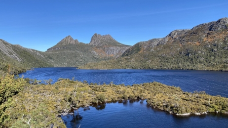 Cradle Mountain and Dove Lake, Tasmania Australia - landscape, sky, grass, water