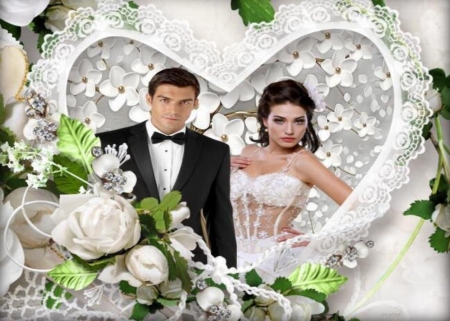 just married - roses, Marriage, groom, bride, heart, whites