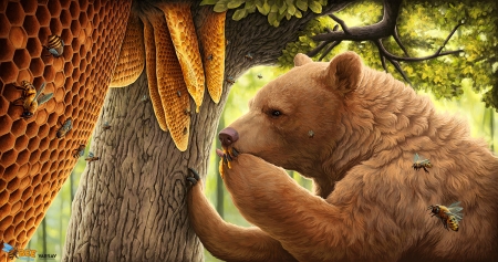 Sweet treat - albina, bear, urs, fantasy, bee, honey, marta sokolovska, insect