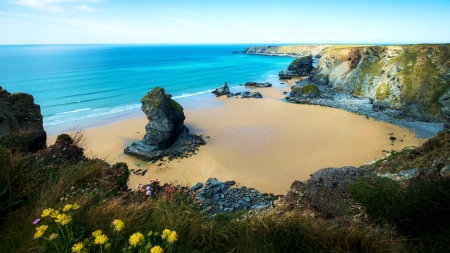 Bedruthan Steps in Cornwall on a perfectly clear day - flowers, sea, sand, rocks, sky