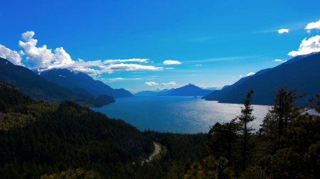 Overlooking Howe Sound, Squamish, British Columbia - hills, trees, clouds, sky, water
