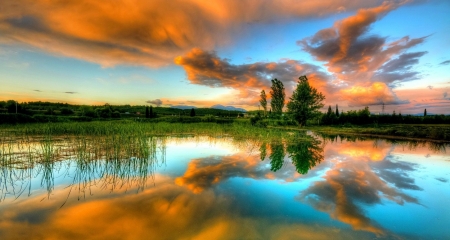 sunset lake - clouds, lake, grass, sunset