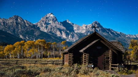 Chapel of Transfiguration - wooden, landscape, usa, wyoming, tetons, clouds, trees, sky, mountains