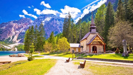 Church and Braies lake in Dolomites, Italy - clouds, path, alps, benches, mountains, sky