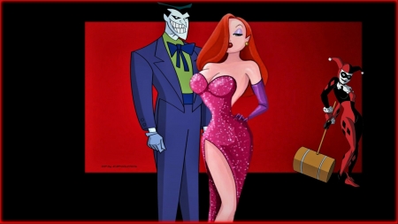 Harley Is Jealous 2 - desktop nexus, cartoon, villians, dc comics, jessica rabbit, disney, joker, harley quinn, anime, 1920x1080 only, super heroes, desktop background, hd wallpaper