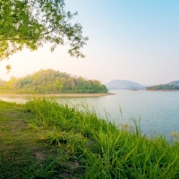 COUNTRYSIDE LANDSCAPE with MOUNTAIN and SWAMP in SUMMER