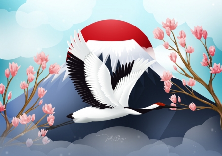 Crane - bird, tamara vogyeraczki, sakura, vector, spring, mountain, black, pasari, fantasy, white, red, crane