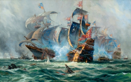 Sea Battle - ships, sea, battle, water