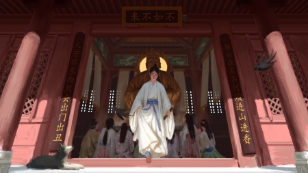 At the temple - art, fantasy, girl, luminos, man, pink, sz l, szl, szlart, temple