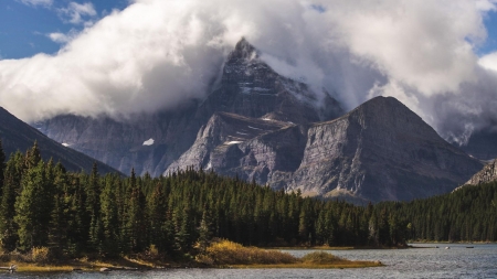 Glacier National Park shot from Swiftcurrent Lake - usa, clouds, trees, montana, landscape, mountains