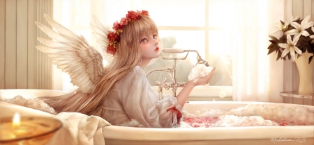 Angel - bath, fantasy, yellow, girl, angel, mu ke, muke